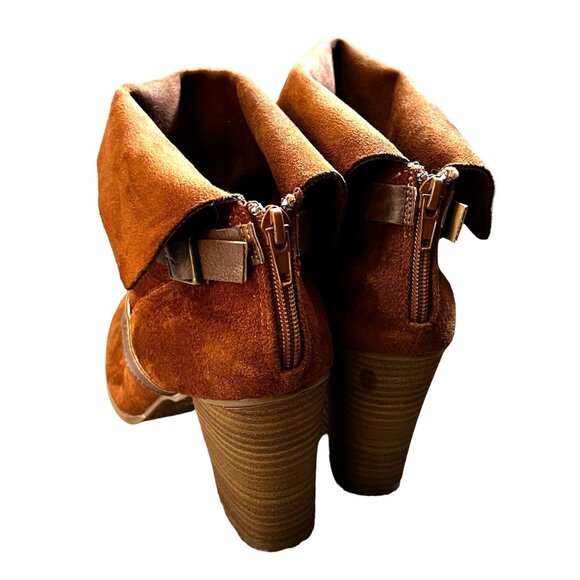 New Directions Jorie Strap Cognac Suede Ankle Boots Sz 10 Womens Chunky 3" Heel - Picture 2 of 16